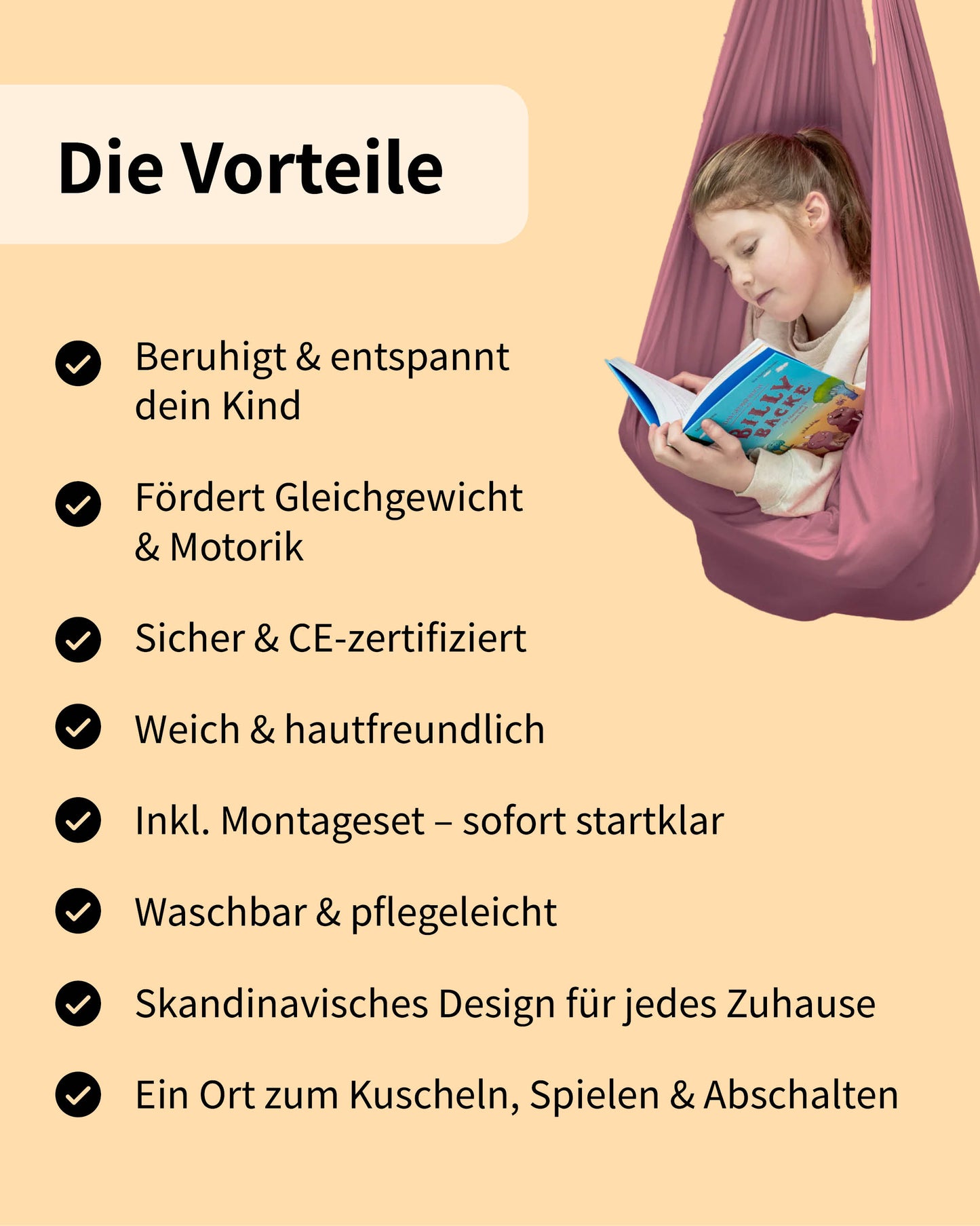 Mädchen liest in einem Schaukeltuch – Vorteile wie entspannend, sicher, weich, CE-zertifiziert und mit Montageset im Überblick