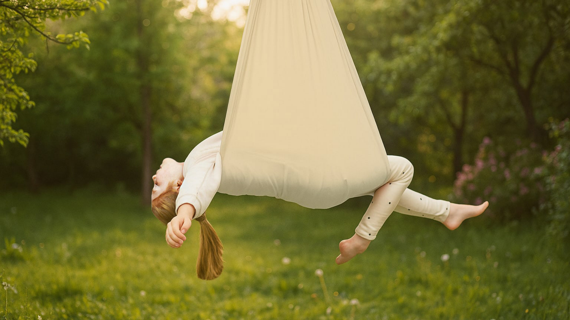 Kind liegt entspannt in einem beigen Schaukeltuch – Outdoor-Aufnahme im Garten, ideal zur Förderung von Gleichgewicht und innerer Ruhe