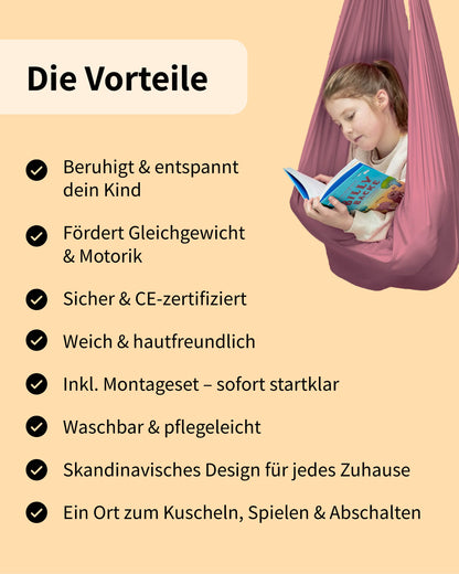 Mädchen liest in einem Schaukeltuch – Vorteile wie entspannend, sicher, weich, CE-zertifiziert und mit Montageset im Überblick