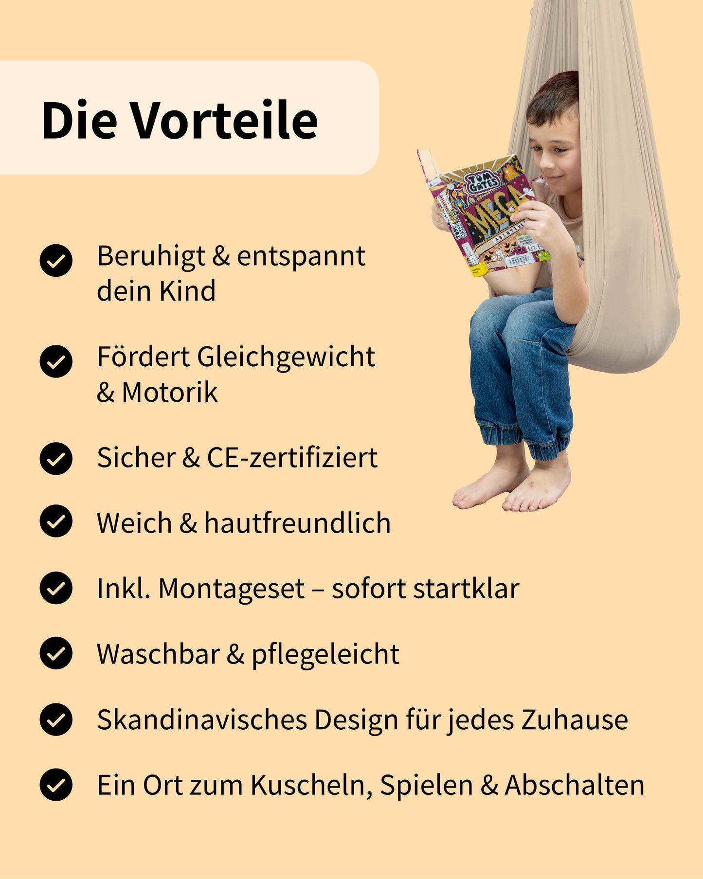 Junge sitzt im Schaukeltuch und liest – Vorteile wie sicher, CE-zertifiziert, weich, entspannend und mit Montageset werden dargestellt