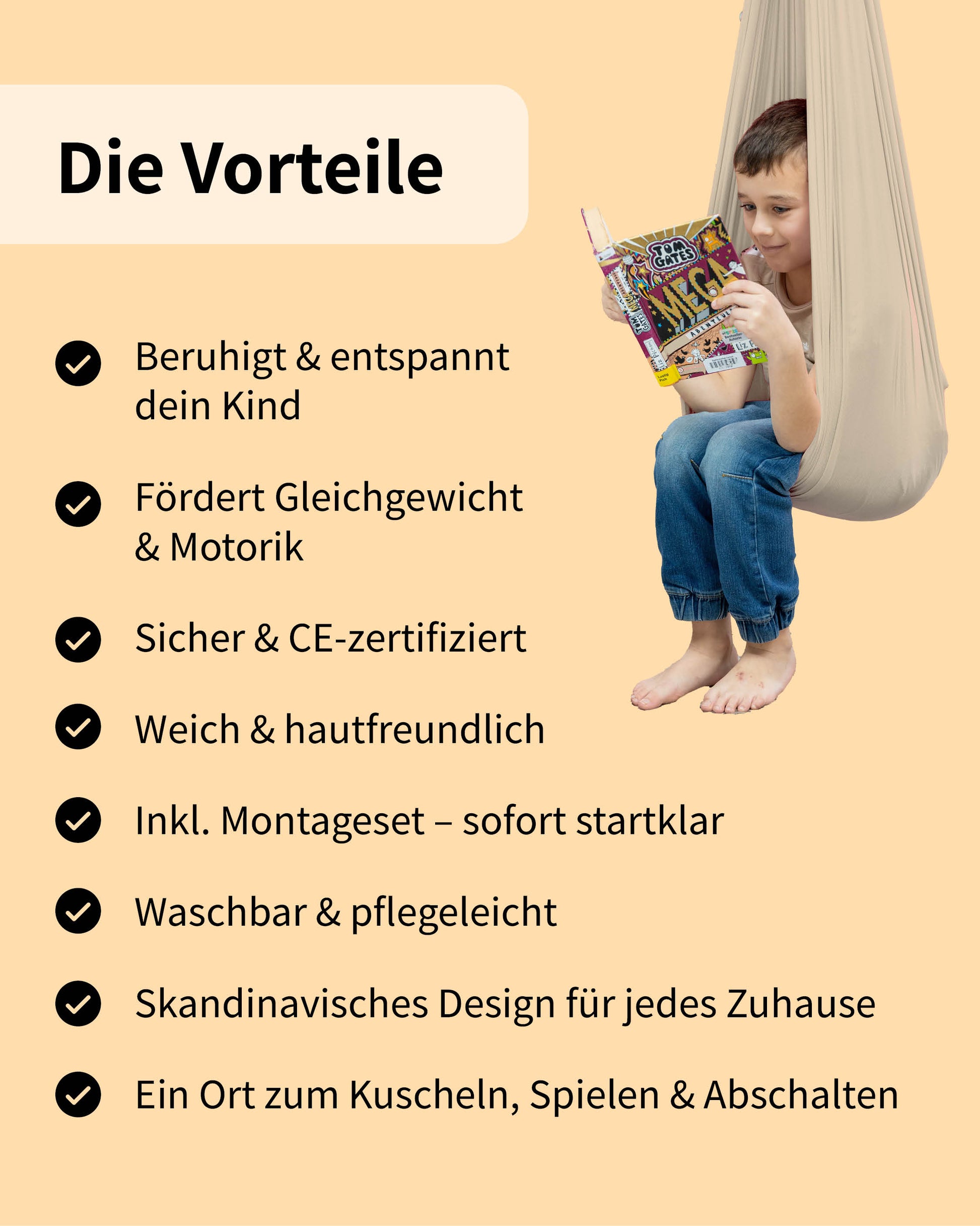 Junge sitzt im Schaukeltuch und liest – Vorteile wie sicher, CE-zertifiziert, weich, entspannend und mit Montageset werden dargestellt
